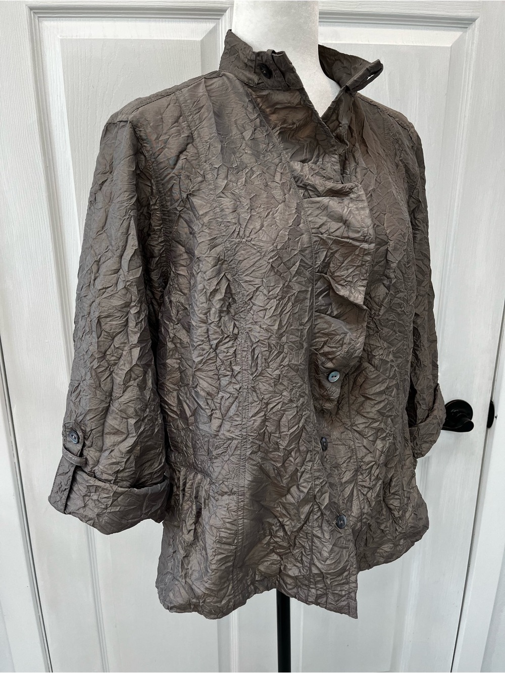 Chico's Crinkle Sheen Jolena Jacket Womens 3 XL Bronze Brown Peplum Steampunk